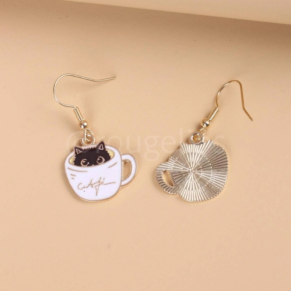 Coffee Cup Cat Kitty Shape Gold Tone Dangle Drop  Earrings Black White - Picture 2 of 5